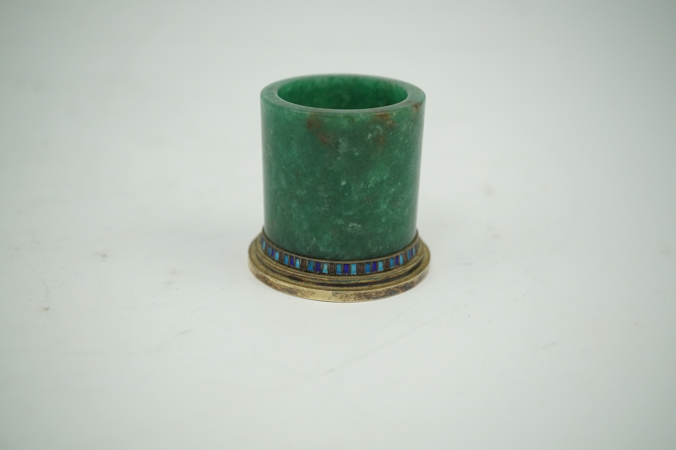 A gilt white metal and enamel mounted nephrite small vase, stamped 'silver', height 44mm. Condition - fair to good